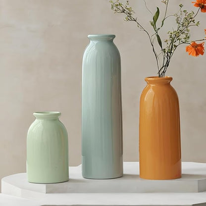 10.4 inches Tall Decorative Ceramic Vase Set, 3 Pieces, Nordic Modern Boho Style, White, for Home Decor (Colorful)