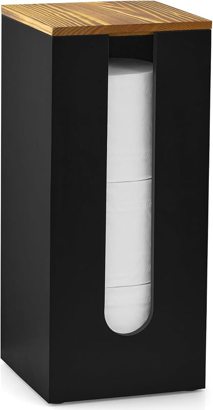 OUTNILI Freestanding Toilet Paper Holder Stand with Lid, Black Wooden Toilet Paper Storage Organizer for Bathroom Floor, Rustic Farmhouse Toilet Paper Storage Holds 3 Extra Large Rolls