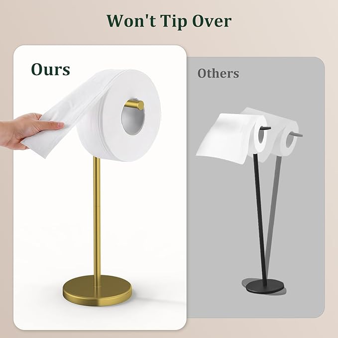 Brushed Gold Toilet Paper Holder Stand, Freestanding Toilet Paper Holder for Bathroom, 304 Stainless Steel Rustproof Tissue Roll Holder Storage for 4 Rolls(Fits All Rolls)