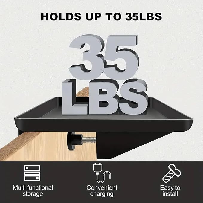 Bedside Shelf for Dorm Room Bunk Bed & Top Bunk, College Dorm Room Essentials, Bedside Caddy, Clip on Floating Desk Tray, Bed Side Table Storage, Loft Nightstand Decor - Cable Catch, Black