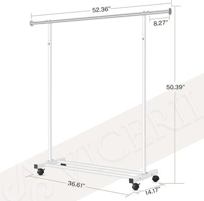 Clothes Rack, 130LB Capacity Heavy Duty Clothing Rack with Wheels and Bottom Shelf, 52.17 Inch Rolling Racks for Hanging Clothes, Coats, Shirts, Sweaters, Skirts, Dress, White