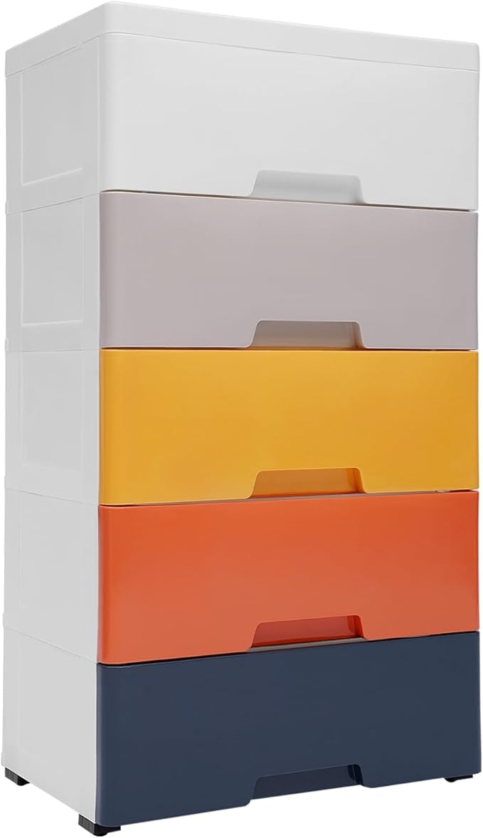 Plastic Dresser for Bedroom with 5 Drawers,Stackable Vertical Storage Tower, Small Dresser Chest of Drawers, Mobile Drawer Storage Cabinet with Wheels for Hallway Entryway,Bedroom Furniture (Coloured)