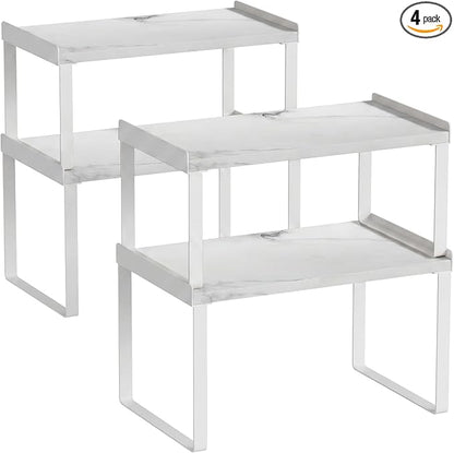 Goozii Counter Shelf Organizer Set of 4, Pantry Shelf Risers for Plates Dishes Cups Mugs Spices, Pantry Cupboard Cabinet Organizers and Storage Shelves Rack Insert for Countertop (White)