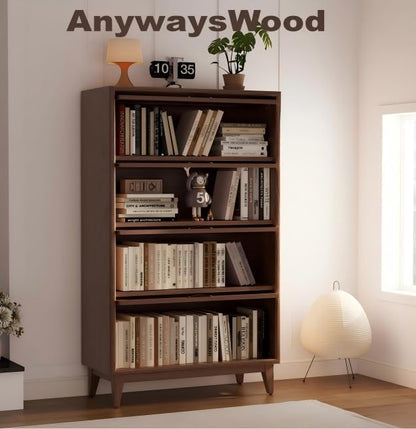 Solid Wood Bookcase 4 Tier Bookshelves with Tempered Glass Flip-Up Doors 60Hx12.5Dx32W" Brown Finish Cube Storage Organizer, Bookshelf Versatile Pantry Cabinet with Storage for Kitchen Home Office