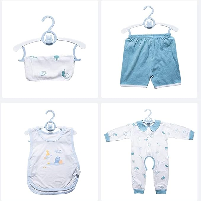 HGYZE Kid Hangers for Closet 50pcs, Blue Infant Clothes Hanger 11-14" Adjustable Plastic Baby Coat Perchas with Bear Hook, Non-Slip Children Outfit Hangars for Boy Toddler Newborn Teen Clothing