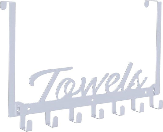 Azmoncy Over The Door Hooks, Towel Rack for Bathroom Towel Holder for Hanging Heavy Duty, Over Door Towel Hanger with 7 Coat Hooks for Bedroom Bathroom Kitchen Towels, Silver