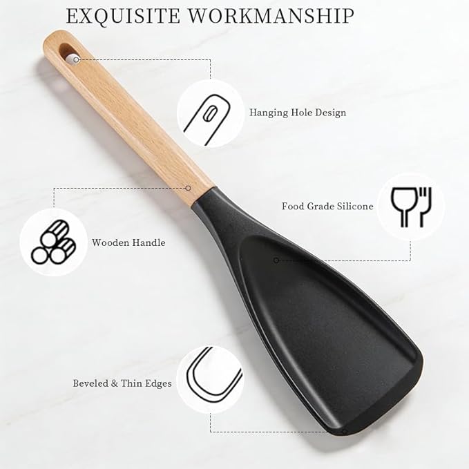 Cooking Spoon for Nonstick Cookwares, Great for Cooking and Serving Sturdy BPA-Free Matte Silicone, Wood Handle Spoon for Mixing, Scoop, and Scrape (Black+White)