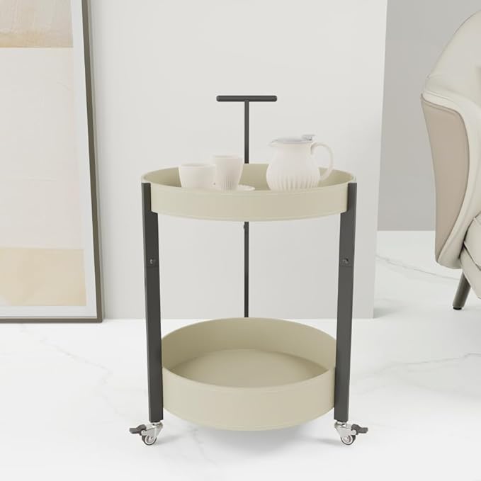 Unique Stylish 2 Tiers Saddle Leather Carbon Steel Finished Trolley Cart for Living Room Serving Cart for Kitchen Side Table for Bedroom (White)