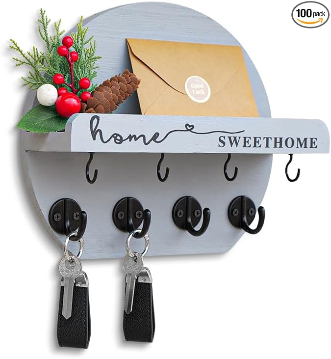 Key Holder for Wall, Key and Mail Holder Organizer - Key Holder Wall Mount with Bouquet Shelf and Key Hooks, Round Wooden Rustic Key Rack for Entryway and Home Decor (Gray)