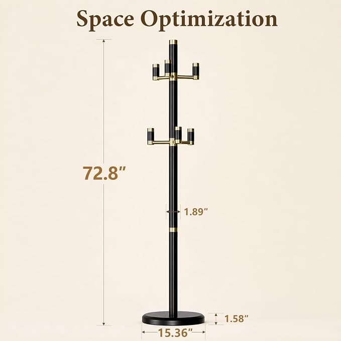 Solid Wood Freestanding Coat Rack with 6 Gold Metal Hooks, Heavy-Duty Freestanding Coat Stand for Coats, Hats, and Bags, Coat Racks for Bedroom, Entryway, and Living Room (Black)