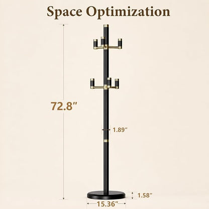 Solid Wood Freestanding Coat Rack with 6 Gold Metal Hooks, Heavy-Duty Freestanding Coat Stand for Coats, Hats, and Bags, Coat Racks for Bedroom, Entryway, and Living Room (Black)