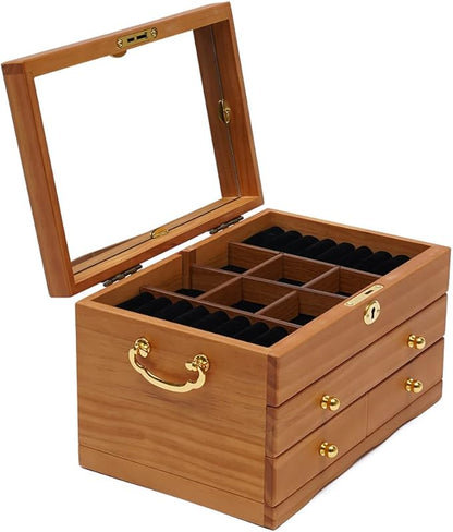 3-Layer Jewelry Box Organizer with Mirror and Lock, Wooden Jewelry Boxes Accessory Holder with 2 Drawers,Jewelry Storage & Organizers for Rings,Earrings,Bracelets, Necklaces,Christmas New Year Gift