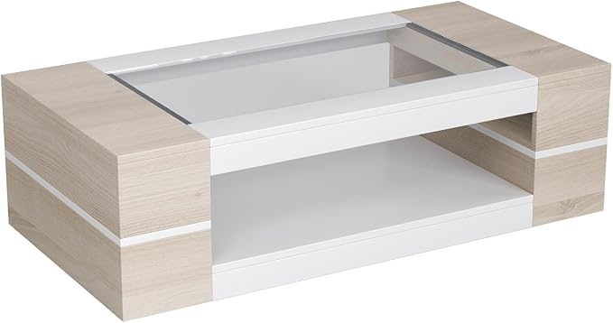 HedoAjim 47.2" Modern Stylish Coffee Table with Glass Table Top, Large Living Room Table Rectangular 2-Tier Center Tables with Storage, Wood Cocktail Tea Tables for Dining Reception Room Natural