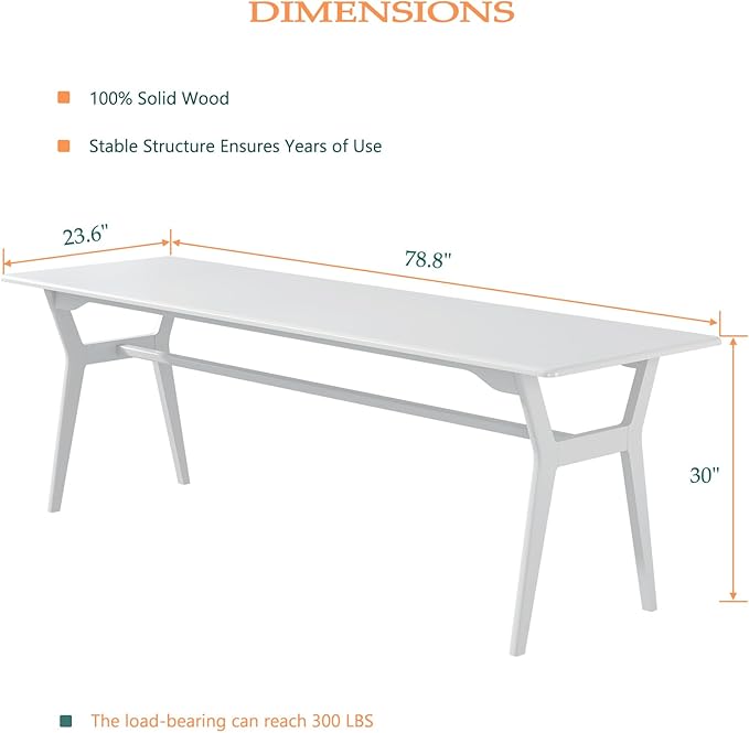 Solid Wood Study Desk - 78.8" Double Long Computer Table for Home Office, 2-Person PC Workstation, White