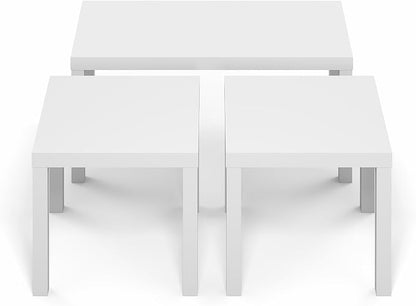 Furinno Classic Living Room Table Set of 3, Modern Rectangle Coffee Table with 2 Square Side Tables, End Tables, 1.8 Inch Thick Tabletop for Living Room, Home Office, White