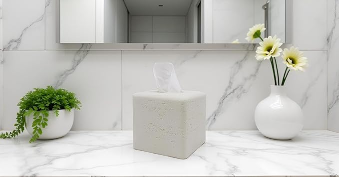 Travertine Tissue Box Cover Square Decorative Stone Klenex Box Holder for Bathroom & Living Room with Handcrafted Texture (Light White)