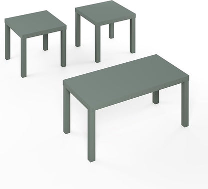 Furinno Classic Living Room Table Set of 3, Modern Rectangle Coffee Table with 2 Square Side Tables, End Tables, 1.8 Inch Thick Tabletop for Living Room, Home Office, Sage Green