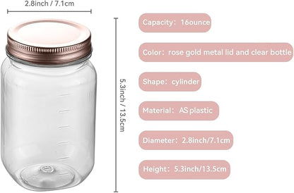 novelinks 16 oz Clear Plastic Jars with Lids, Refillable 16oz Mason Jars with Lids & Storage Containers for Kitchen & Household Use (20 Pack,Rose Gold)