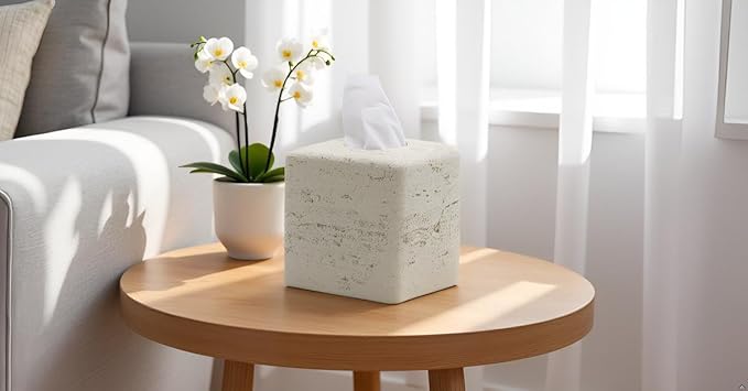 Travertine Tissue Box Cover Square Decorative Stone Klenex Box Holder for Bathroom & Living Room with Handcrafted Texture (Light Beige)