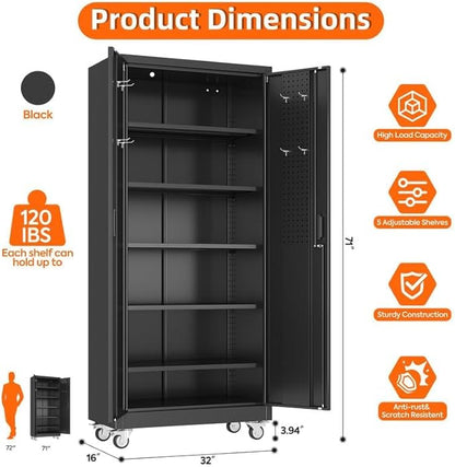 Aobabo Garage Storage Cabinet with Door Pegboard,Lockable Metal Storage Cabinet with 5 Adjustable Shelves for Garage Home,Required Assembly,Black
