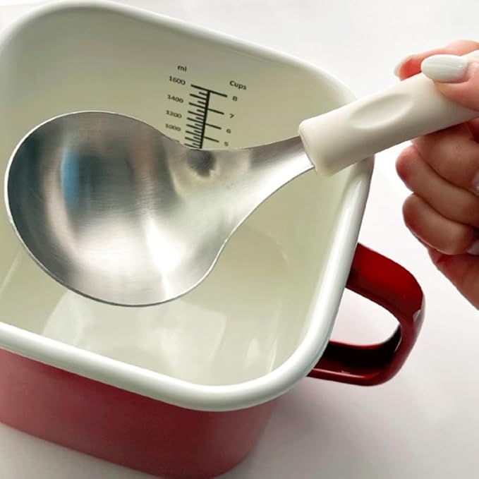 KKU-MIM Wide Head Serving Spoon with Silicon Handle, 8 inch, Stainless Steel, Includes Silicon Matching Rest, Modern Style, Various Color Available (White)