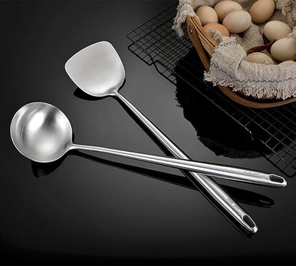 Wok Utensils Tools for Carbon Steel, Stainless Steel Wok Spatula Set,Wok Spatula and Skimmer, Soup Ladle,Meat Fork,4-PiecesCooking Tools & Serving Utensil 15inch
