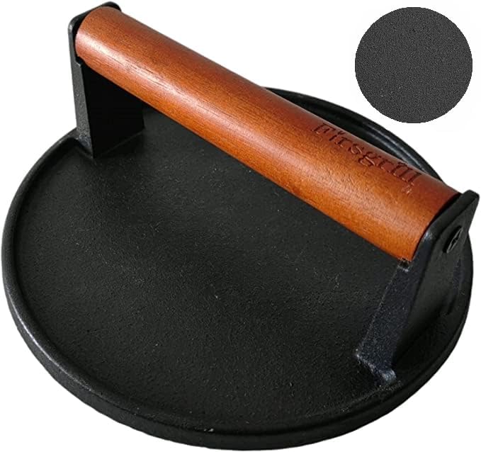 Firsgrill Burger Press 7.08" Round & 8.3”X4.3”Rectangle Heavy-Duty Cast Iron Smash Meat Steak with Wood Handle for Blackstone Camp Chef Pitboss Weber Treager Griddle (Round & Rectangle w Flat Bottom)
