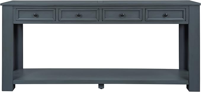 Knocbel Console Table with 4 Storage Drawers Bottom Shelf, Rustic Distressed Sofa Table for Entryway Hallway, Assembly Required, 63" W x 14" D x 30" H, Navy