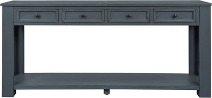 Knocbel Console Table with 4 Storage Drawers Bottom Shelf, Rustic Distressed Sofa Table for Entryway Hallway, Assembly Required, 63" W x 14" D x 30" H, Navy