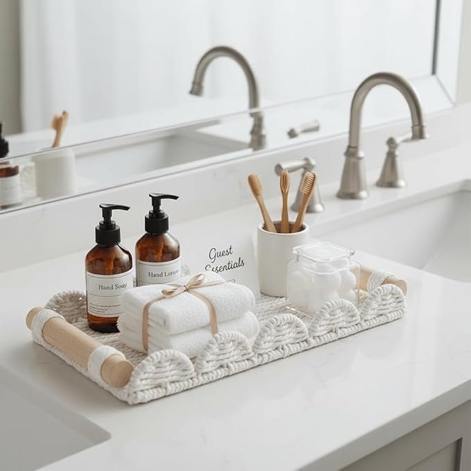 CubesLand Bathroom Toilet Paper Tray Organizer, Scalloped Decorative Tray w/Wood Handle for Counter, Shelves, Wicker Tray for Farmhouse Rustic Home Decor, Coffee Table Decor, Seasonal Decor, TP160401