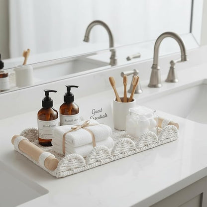 CubesLand Bathroom Toilet Paper Tray Organizer, Scalloped Decorative Tray w/Wood Handle for Counter, Shelves, Wicker Tray for Farmhouse Rustic Home Decor, Coffee Table Decor, Seasonal Decor, TP160401