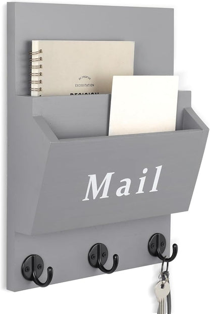 Mail and Key Holder - Decorative 8.86" x 11.42" Wall Key Hanger with 2 Mail Organizer Slots and 3 Hooks - Real Paulownia Wood with Keyhole Brackets, Hardware and Instructions (Gray)