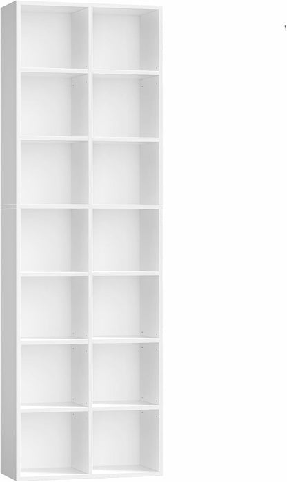 FOTOSOK 71'' Tall Bookshelf with 14 Cubes, 7 Tier Double Wide White Bookshelf with 6 Adjustable Shelves, 19.6" Narrow Bookcase DVD/CD Media Storage, Space Saving Display Shelf Cabinet, White