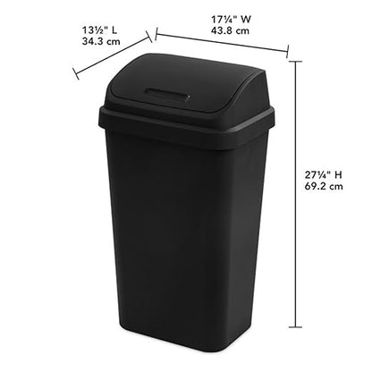 Sterilite 12-Pack Swing Top Wastebasket, Sleek Square Profile Trash Can, 13 Gallon, Black - Modern Garbage Bin for Kitchen, Bathroom, Garage and Workspace, Fits 13 Gal Liners