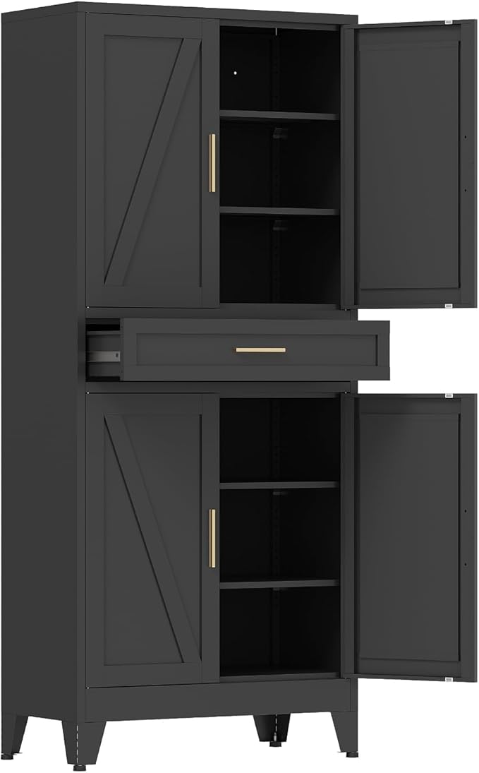 COFaR 71 in Tall Kitchen Pantry Cabinet, Metal Pantry Storage Cabinet with 4 Adjustable Shelves and 4 Barn Doors, Freestanding Farmhouse Food Cupboard for Dining Room Garage, Black 6-Tier