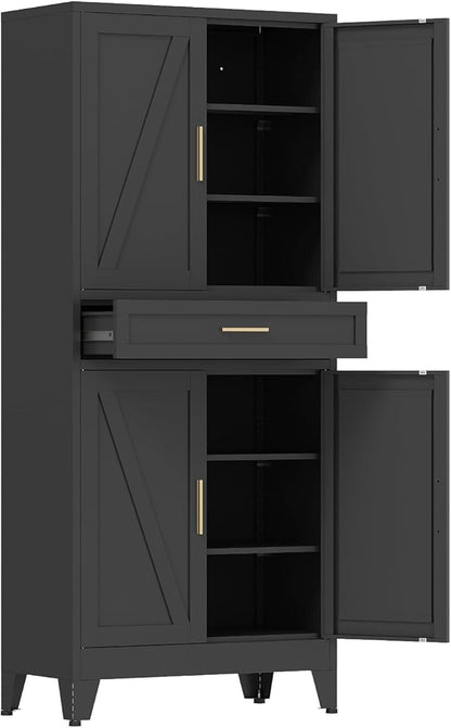 COFaR 71 in Tall Kitchen Pantry Cabinet, Metal Pantry Storage Cabinet with 4 Adjustable Shelves and 4 Barn Doors, Freestanding Farmhouse Food Cupboard for Dining Room Garage, Black 6-Tier