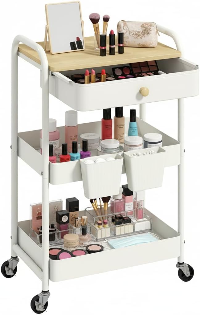 danpinera 3 Tier Rolling Cart with Wooden Table Top, White Rolling Utility Cart with Drawer & Locked Wheels, Easy Assembly for Nursery, Living Room, Studio