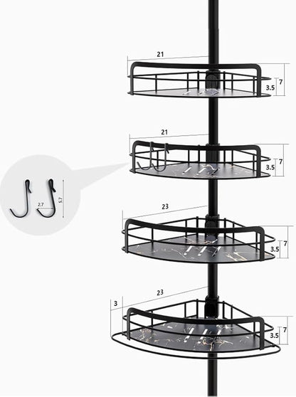 Shower Caddy Corner Tension Pole, 4 Tier Adjustable Corner Shower Organizer with Trays, Floor to Ceiling Tension Shower Caddy with 2 Hooks, 31.5 to 111 Inch, Towel Rack Holder, Black