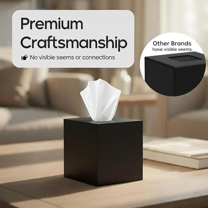 Square Tissue Box Cover | Fits Standard Square Tissue Boxes | Black Tissue Box Holder for Bathroom | Premium Acrylic Tissue Cover | Cube Tissue Holder | 5.3" x 5.3" x 5.5"