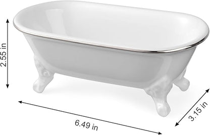 6.5" Ceramic Mini Decorative Clawfoot Bathtub Bar Soap Dish, Kitchen Sponge Holder and Shower Tray for Bathroom, 1 Pack (White Silver Rim)