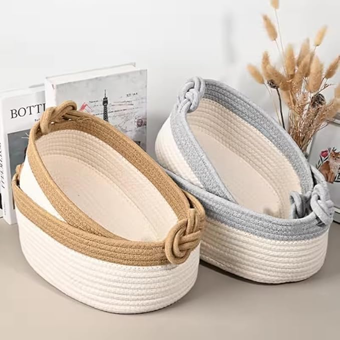 Set of 2 Cotton Woven Baskets 100% – Decorative Storage Set, Easy to Carry, Modern Design in Beige or Gray, Ideal for Bathroom, Bedroom, Living Room, Nursery & Gift Giving