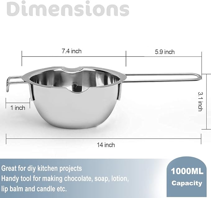 1000ML Double Boiler Pot with 2200ML Stainless Steel Pot and Silicone Spatula, Double Boiler Set for Melting Chocolate,Candy, Soap, Wax, Candle Making