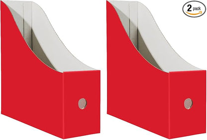 Limitliho Magazine File Folder Holder for Desk, Book Bins for Classroom Library,Office,Home, 10.6" H x 10.2" L x 3.5" W in Cardboard Paper Organizer (Red, 2 Pack)