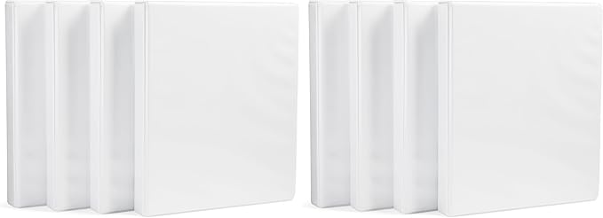 Amazon Basics 3-Ring Binder with Round Rings and Interior Pockets, 1-Inch, White, 8-Pack