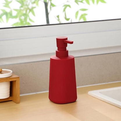 Small Soap Dispenser for Bathroom and Kitchen, Modern Farmhouse Striped Style Plastic Hand Soap Dish Soap Dispenser with Pump Matte Red