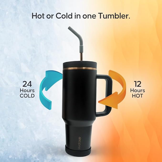 40oz Travel Tumbler Cup with Handle, Two-Way Slider Lid, Stainless Steel Straw with Silicone Tip, Vacuum Insulated Water Bottle for Hot & Cold Drinks, Great Gifts for Mom (Black Gold)