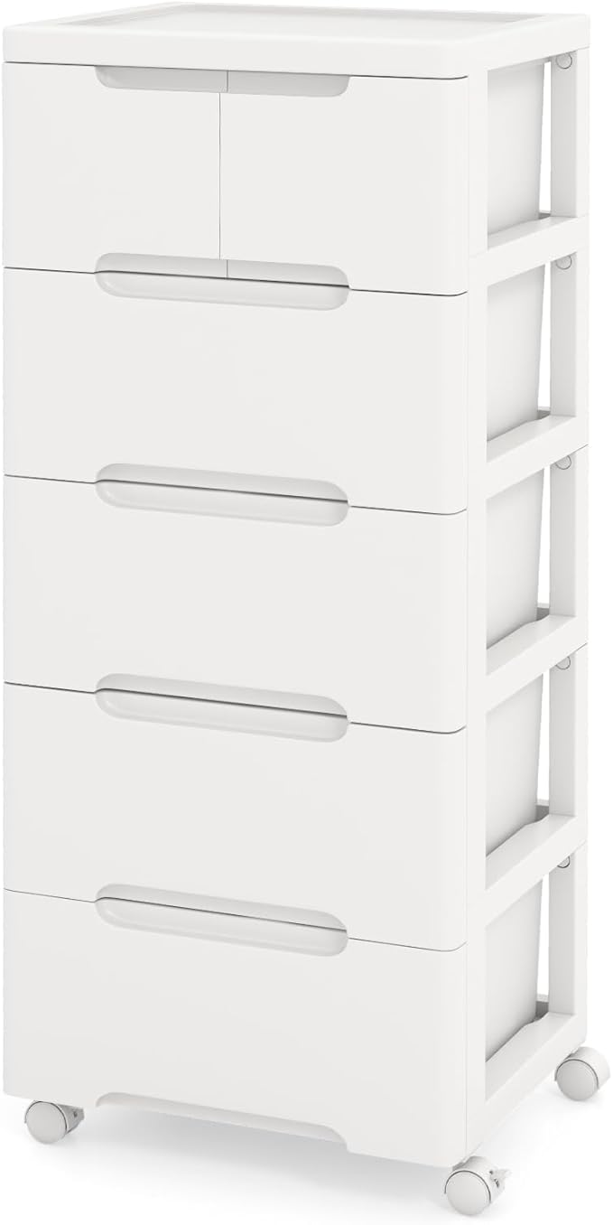 LOKO 6-Drawer Plastic Rolling Storage Cart, Mobile Storage Cabinet with 4 Universal Wheels, Vertical Storage Tower Container Unit for Living Room, Bedroom, Home Office, White (16”x13”x38” (6 Drawers))