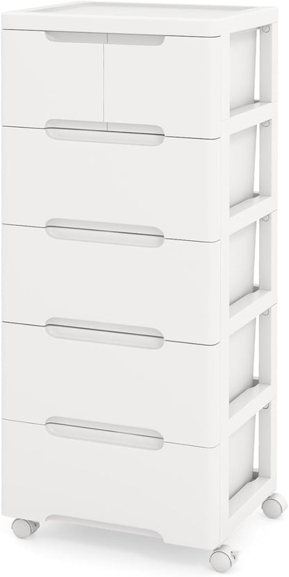 LOKO 6-Drawer Plastic Rolling Storage Cart, Mobile Storage Cabinet with 4 Universal Wheels, Vertical Storage Tower Container Unit for Living Room, Bedroom, Home Office, White (16”x13”x38” (6 Drawers))
