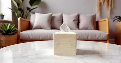 Marble Tissue Box Cover Square Decorative Stone Klenex Box Holder for Bathroom & Living Room with Handcrafted Texture (Beige Yellow)