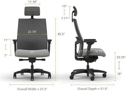 HON Ignition 2.0 Big and Tall Office Chair with Headrest, 450lbs Weight Capacity, Extra Wide Seat, Tilt Recline, Swivel Wheels, Heavy Duty Office Chair, Comfortable for Long Hours, Black Frame, Ash